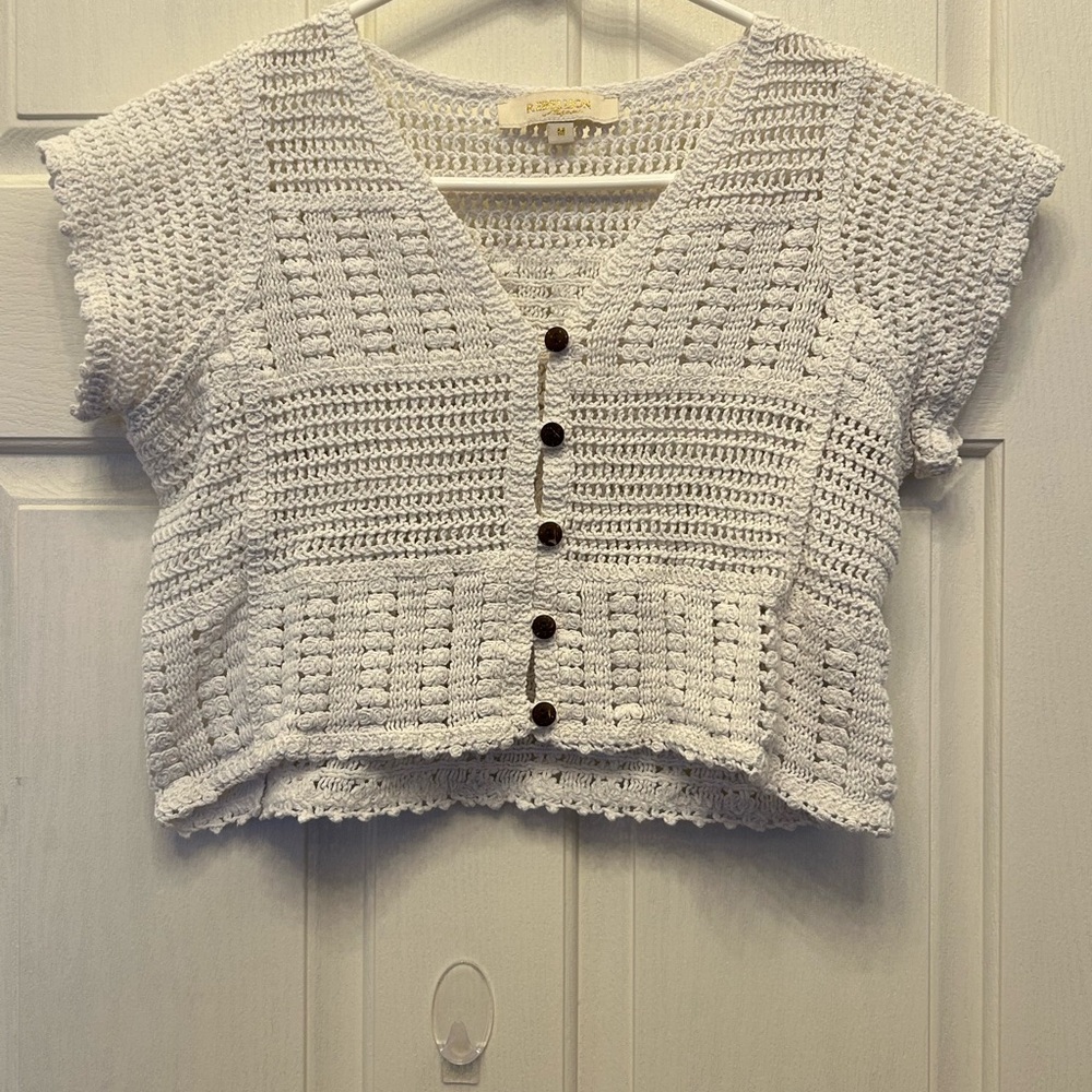 Rebellion White Crochet Button Down Crop Top